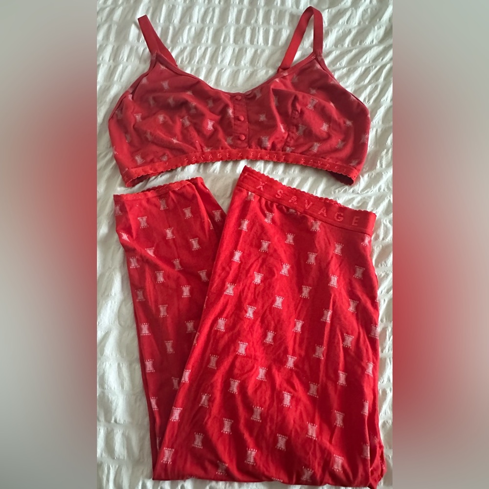 Savage X Fenty Red Cotton Jersey Leggings and Bralette Set - Picture 2 of 9